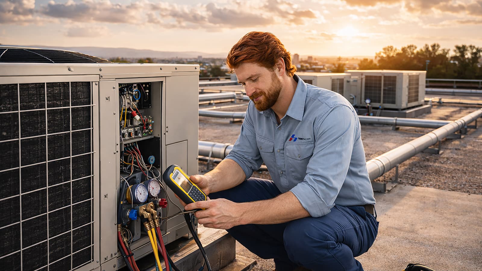 Professional technician servicing commercial rooftop HVAC unit